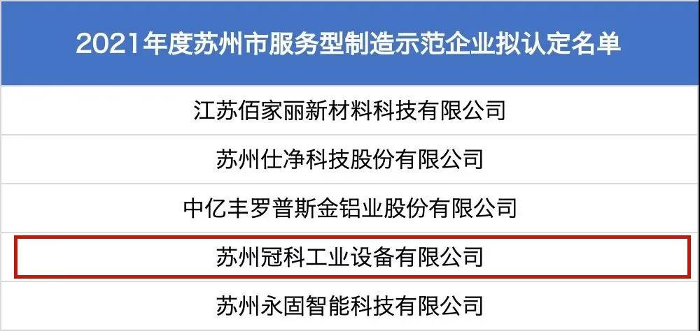 蘇州冠科工業(yè)設(shè)備有限公司獲評(píng)為“2021年度蘇州市服務(wù)型制造示范企業(yè)（總集成總承包）”